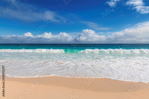 Tropical beach with warm sand and turquoise wave on the sea in paradise island. Tropical beach background.