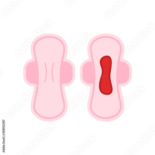 Sanitary pad with menstruation blood and clean icon set isolated on white background. Female menstrual blood flow loss on napkin. Flat design vector feminine hygiene concept illustration.
