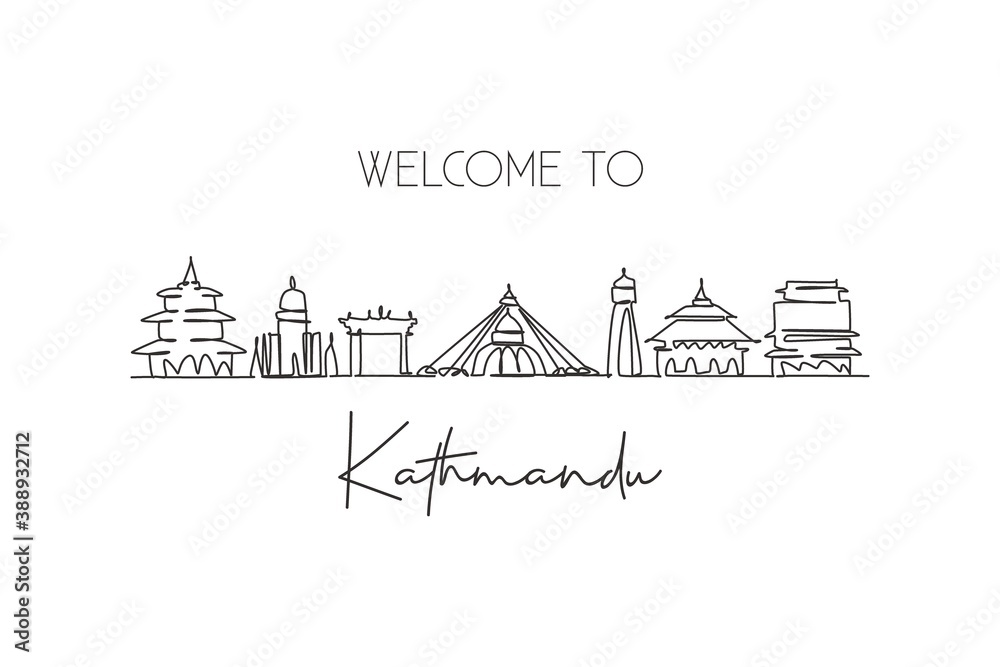 One continuous line drawing of Kathmandu city skyline, Nepal. Beautiful landmark postcard. World landscape tourism travel vacation. Editable stylish stroke single line draw design vector illustration
