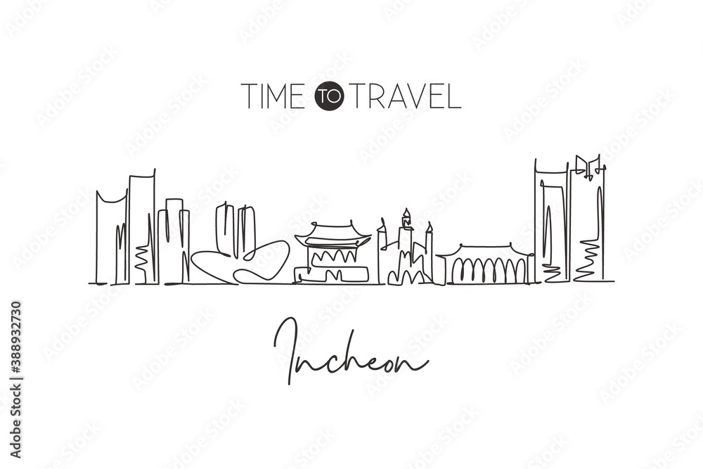 One single line drawing city Incheon skyline, South Korea. World town landscape home wall decor poster print art. Best place holiday destination. Trendy continuous line draw design vector illustration