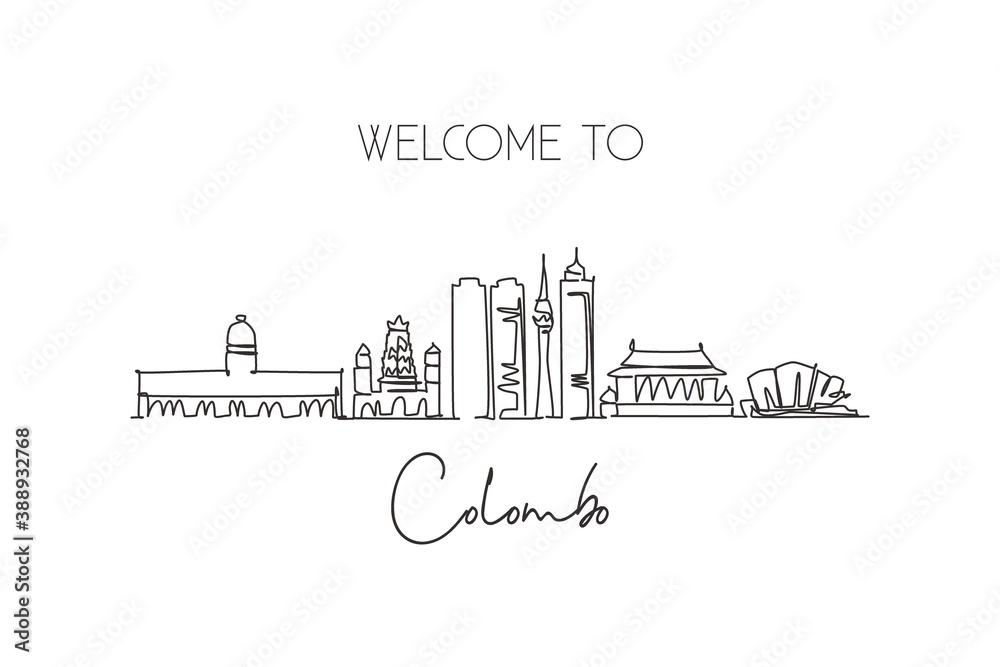 One continuous line drawing Colombo city skyline, Sri Lanka. Beautiful landmark postcard. World landscape tourism travel vacation. Editable stylish stroke single line draw design vector illustration