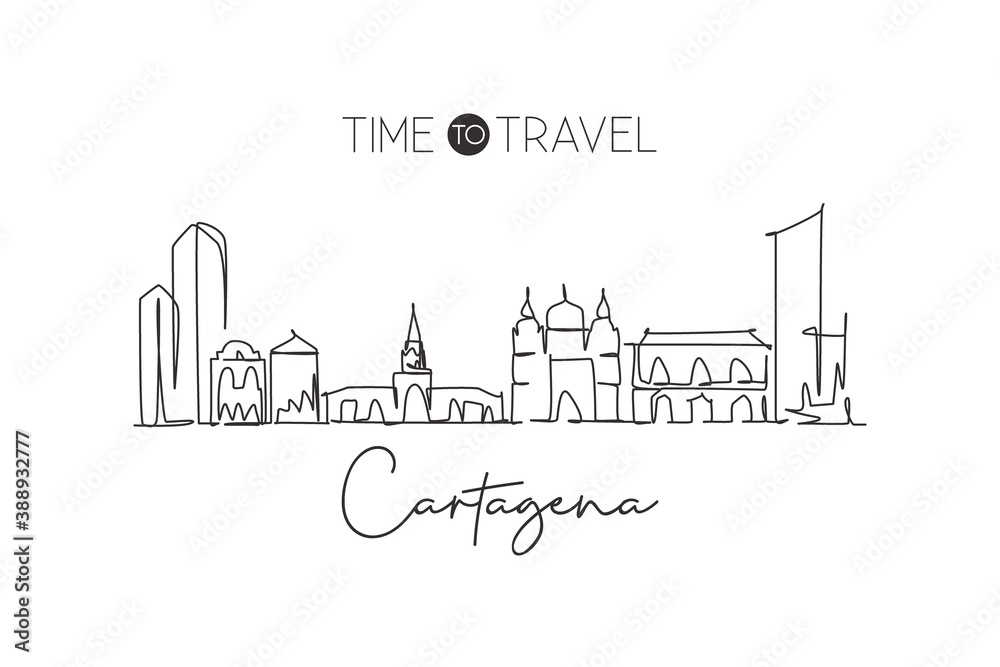 One single line drawing Cartagena city skyline, Colombia. World town landscape home wall decor poster print art. Best place holiday destination. Trendy continuous line draw design vector illustration