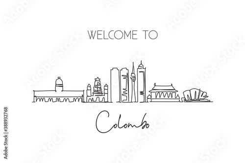 One continuous line drawing Colombo city skyline, Sri Lanka. Beautiful landmark postcard. World landscape tourism travel vacation. Editable stylish stroke single line draw design vector illustration