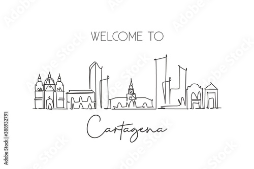 Single continuous line drawing of Cartagena skyline, Colombia. Famous city scraper landscape postcard. World travel destination concept. Editable stroke modern one line draw design vector illustration
