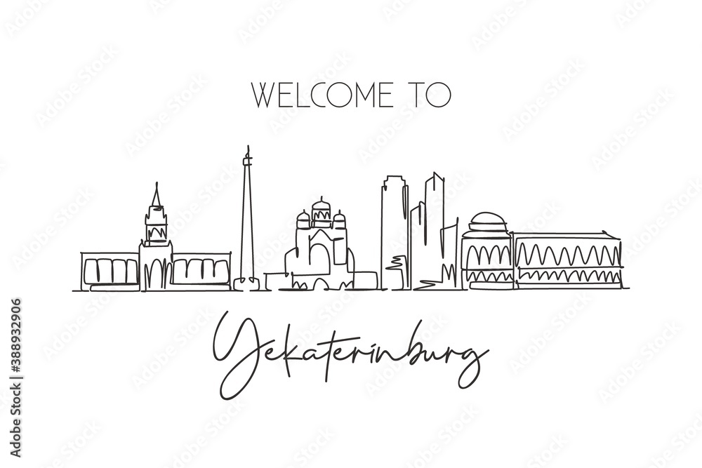 One continuous line drawing Yekaterinburg city skyline Russia. Beautiful landmark postcard. World landscape tourism travel vacation. Editable stylish stroke single line draw design vector illustration