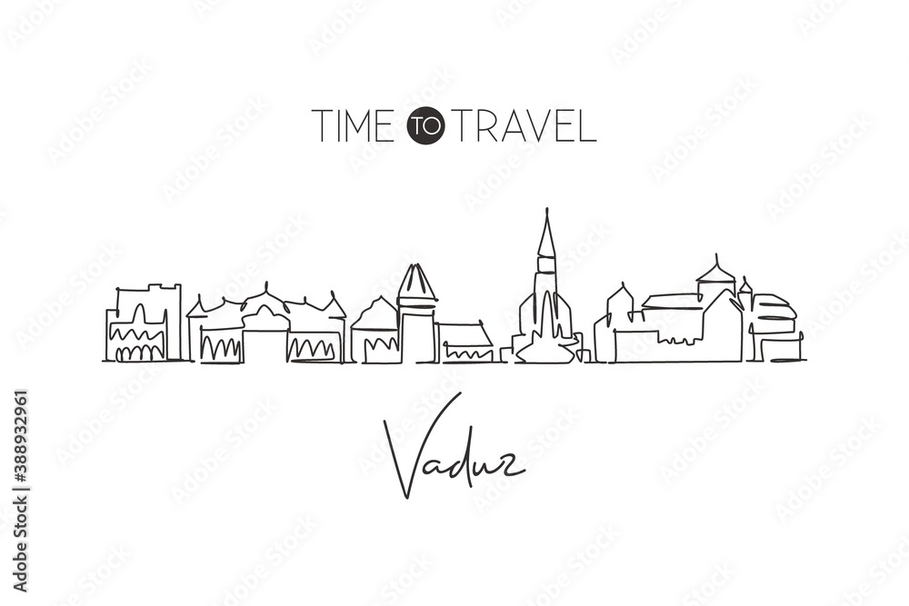 One single line drawing of Vaduz city skyline, Liechtenstein. World town landscape postcard. Best place holiday destination. Editable stroke trendy continuous line draw design vector art illustration