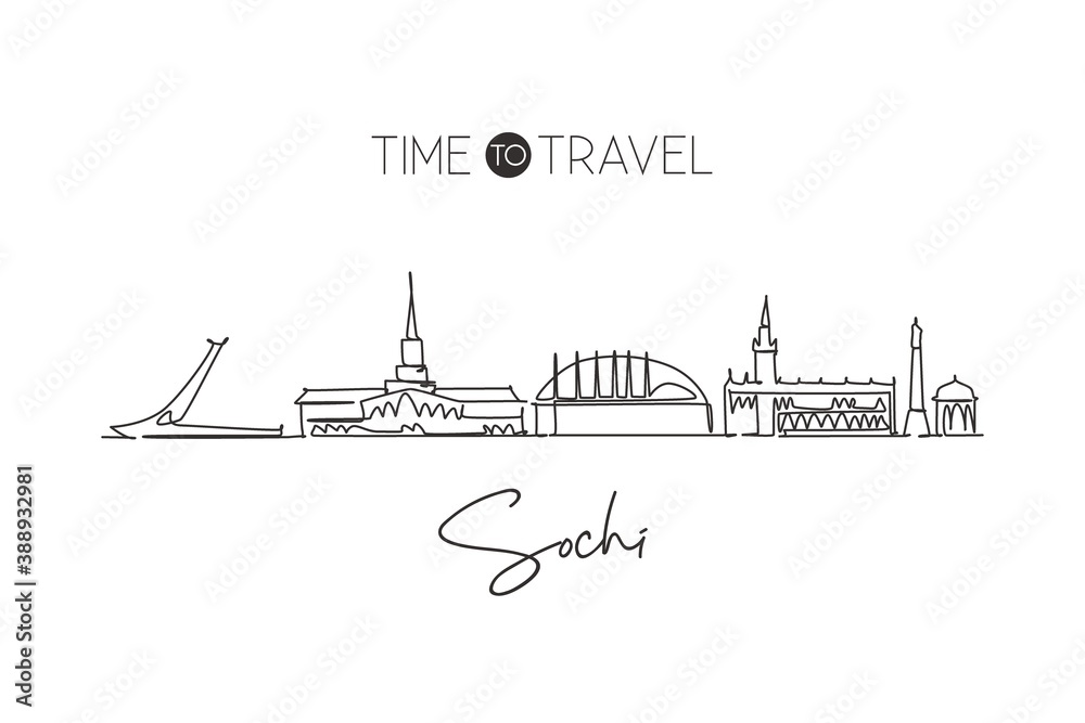 One single line drawing of Sochi city skyline, Russia. World historical town landscape postcard. Best place holiday destination. Editable stroke trendy continuous line draw design vector illustration One single line drawing of Sochi city skyline, Russia. World historical town landscape postcard. Best place holiday destination. Editable stroke trendy continuous line draw design vector illustration