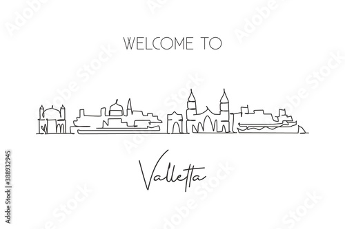 One continuous line drawing of Valletta city skyline, Malta. Beautiful landmark postcard. World landscape tourism travel vacation. Editable stylish stroke single line draw design vector illustration