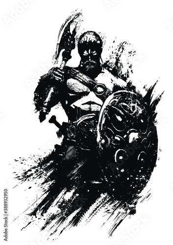 A sinister, muscular Scandinavian warrior with an axe and shield stands proudly with his back straight. 2D illustration