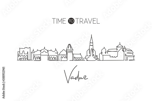 One single line drawing of Vaduz city skyline, Liechtenstein. World town landscape postcard. Best place holiday destination. Editable stroke trendy continuous line draw design vector art illustration