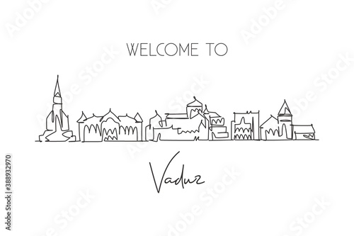 Single continuous line drawing Vaduz skyline, Liechtenstein. Famous city scraper landscape home decor poster print. World travel destination concept. Modern one line draw design vector illustration