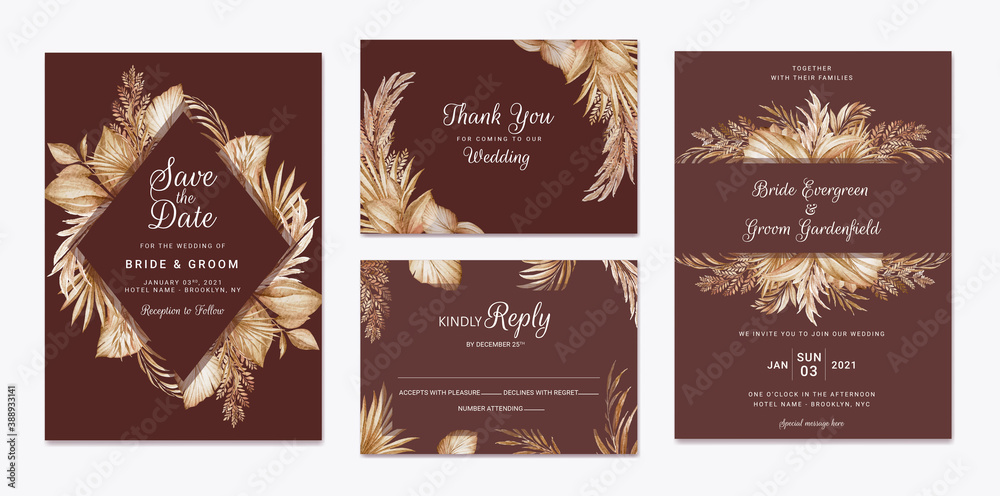 Wedding invitation template set with brown and peach dried floral and leaves decoration. Botanic card design concept Wedding invitation template set with brown and peach dried floral and leaves decoration. Botanic card design concept