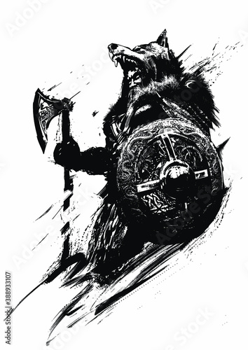 An old Scandinavian shaman warrior with a stuffed wolf on his head with a beautiful patterned shield and an ax stands proudly and looks into infinity with his luminous eyes. 2D illustration