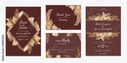 Wedding invitation template set with brown and peach dried floral and leaves decoration. Botanic card design concept