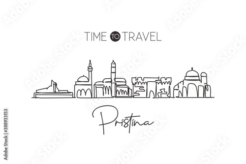 Single continuous line drawing Pristina skyline, Kosovo. Famous city scraper landscape. World travel destination wall home decor poster print concept. Modern one line draw design vector illustration