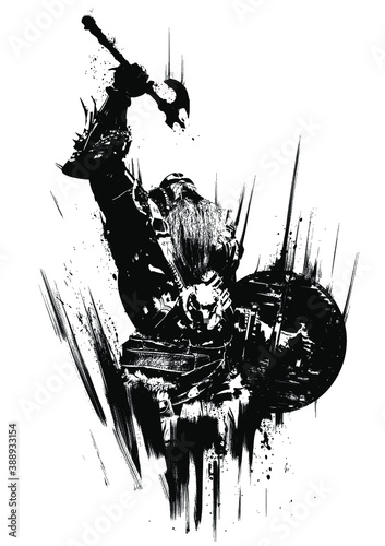 A furious, bearded, muscular berserker with an ax and a shield screams at the top of his voice, raising his weapon above his head. 2D illustration