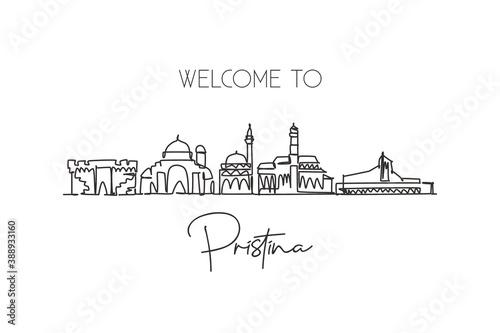 One continuous line drawing Pristina city skyline, Kosovo. Beautiful landmark. World landscape tourism and travel vacation postcard. Editable stylish stroke single line draw design vector illustration