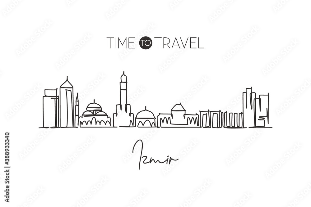 One continuous line drawing of Izmir city skyline, Turkey. Beautiful landmark postcard. World landscape tourism and travel vacation. Editable stylish stroke single line draw design vector illustration