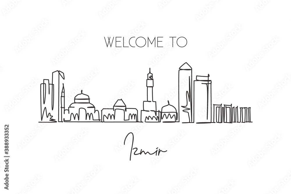 Obraz premium One single line drawing Izmir city skyline, Turkey. World historical town landscape home decor wall poster print. Best place holiday destination. Trendy continuous line draw design vector illustration