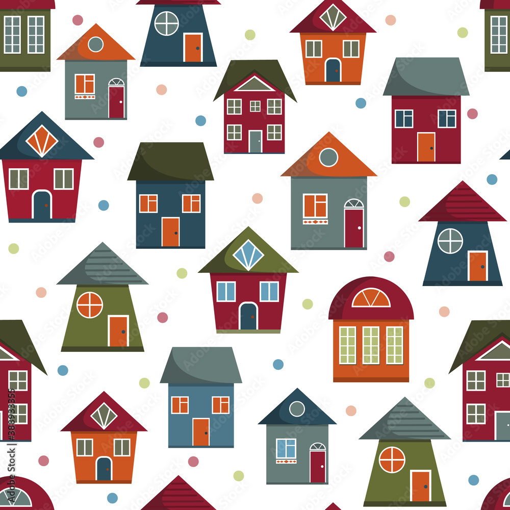 Pattern with the image of multi-colored houses on a white background, color vector illustration, print, texture, textiles, design, decoration, background, Wallpaper