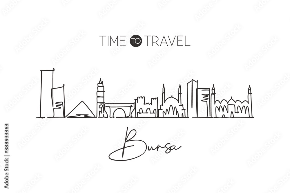 One continuous line drawing of Bursa city skyline, Turkey. Beautiful landmark postcard. World landscape tourism and travel vacation. Editable stylish stroke single line draw design vector illustration
