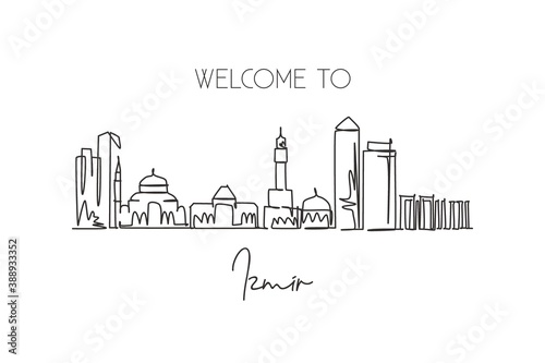 One single line drawing Izmir city skyline  Turkey. World historical town landscape home decor wall poster print. Best place holiday destination. Trendy continuous line draw design vector illustration