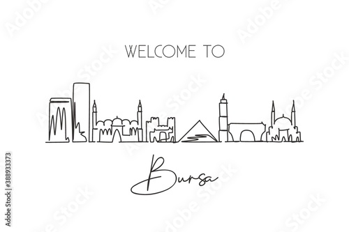 One single line drawing of Bursa city skyline, Turkey. World town landscape home wall art decor poster print. Best place holiday destination. Trendy continuous line draw design vector illustration