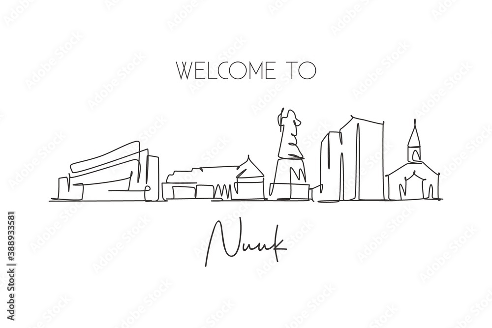 Single continuous line drawing Nuuk city skyline, Greenland. Famous city scraper landscape postcard. World travel destination concept. Editable stroke modern one line draw design vector illustration