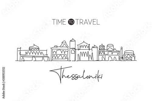 One single line drawing Thessaloniki city skyline, Greece. World town landscape home wall decor poster print art. Best place holiday destination. Trendy continuous line draw design vector illustration