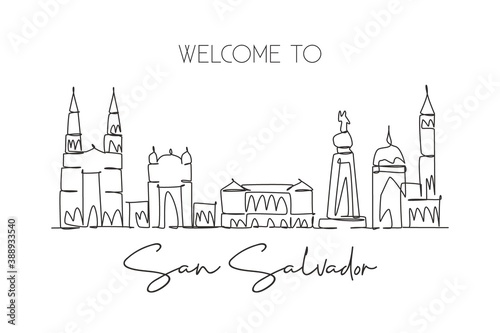 One continuous line drawing San Salvador city skyline, El Salvador. Beautiful landmark postcard. World landscape tourism travel vacation. Editable stroke single line draw design vector illustration