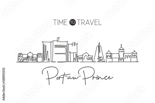One continuous line drawing of Port au Prince city skyline  Haiti. Beautiful landmark home wall decor poster print. World landscape tourism travel vacation. Single line draw design vector illustration