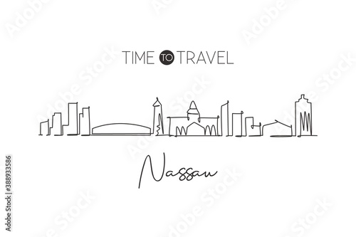 Single continuous line drawing Nassau skyline Bahamas. Famous city scraper landscape. World travel destination wall home decor poster print art concept. Modern one line draw design vector illustration