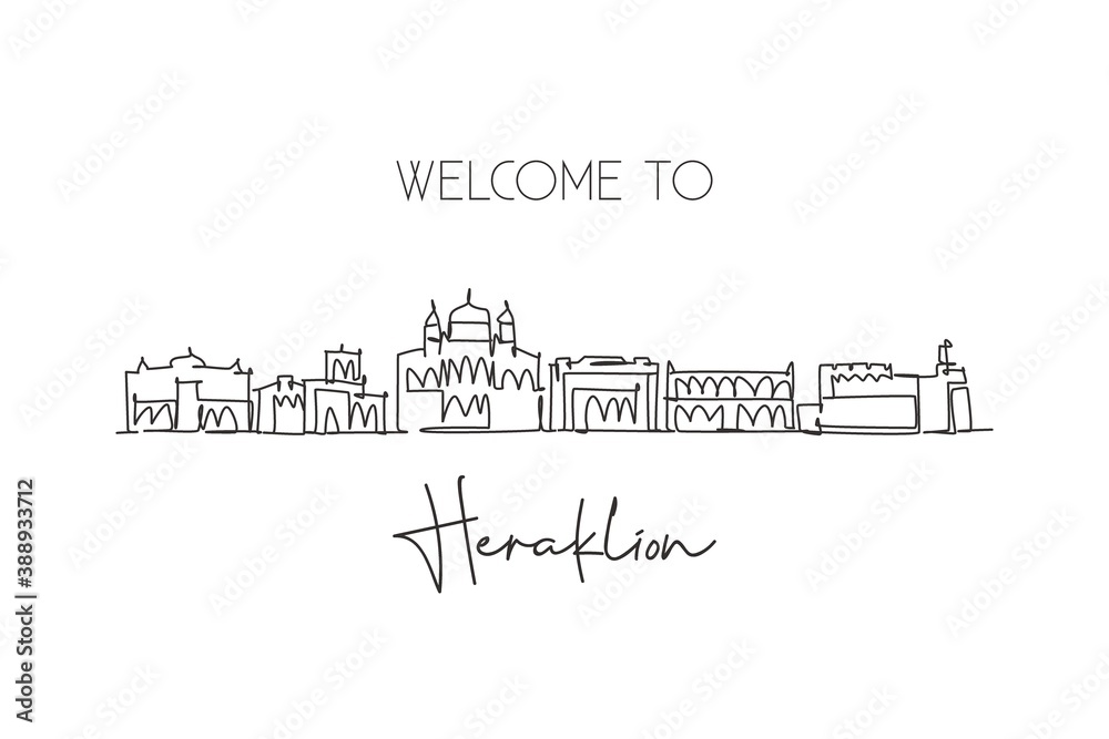 One continuous line drawing of Heraklion city skyline, Greece. Beautiful landmark postcard. World landscape tourism travel vacation. Editable stylish stroke single line draw design vector illustration