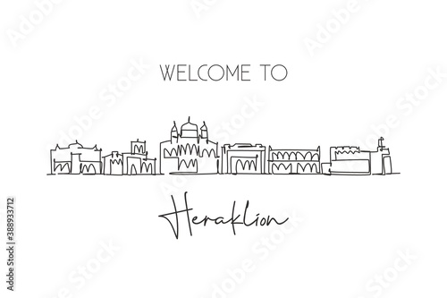 One continuous line drawing of Heraklion city skyline, Greece. Beautiful landmark postcard. World landscape tourism travel vacation. Editable stylish stroke single line draw design vector illustration