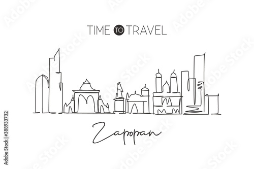 One single line drawing Zapopan city skyline Mexico. World historical town landscape. Best place holiday destination home decor poster print art. Trendy continuous line draw design vector illustration