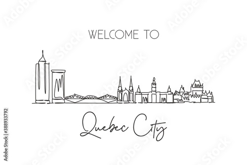 Single continuous line drawing Quebec skyline, Canada. Famous city scraper landscape. World travel destination postcard print concept. Editable stroke modern one line draw design vector illustration