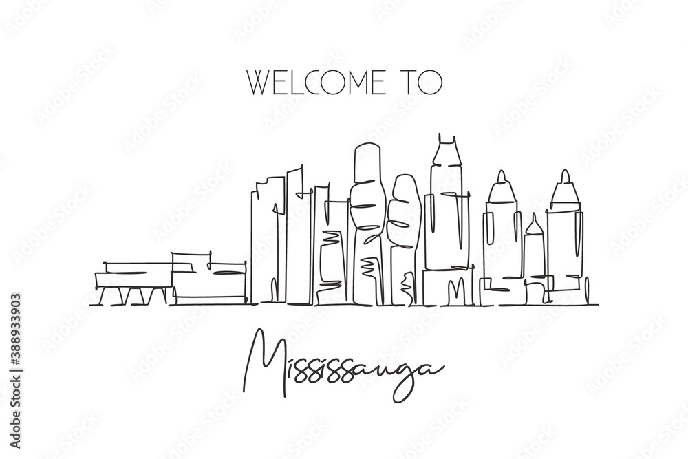 One single line drawing Mississauga city skyline Canada. World historical town landscape. Best place holiday destination home wall decor poster print. Continuous line draw design vector illustration
