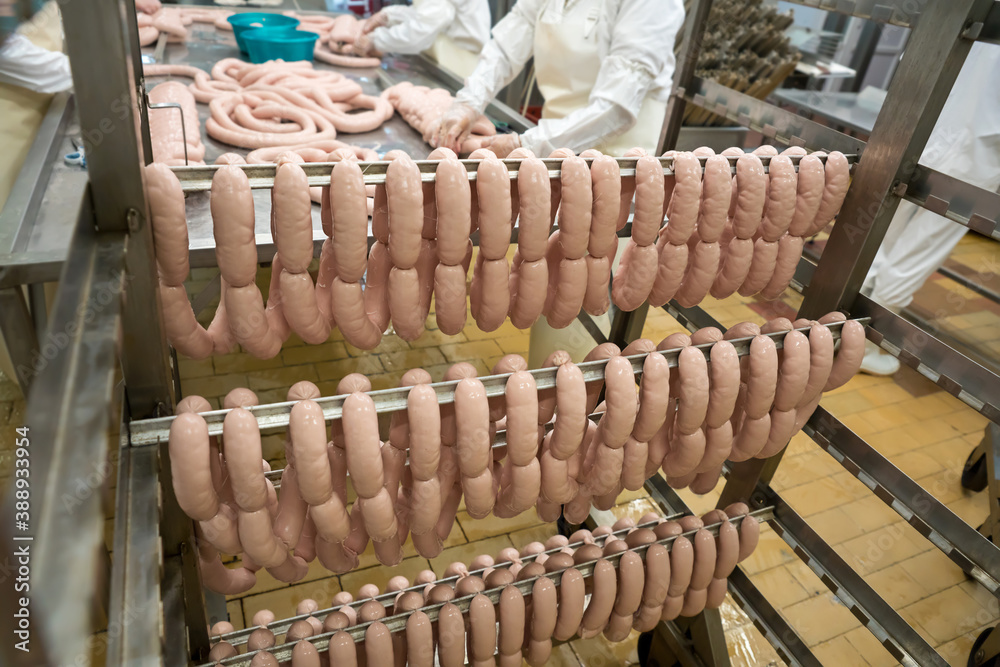 Meat-packing plant for the production of sausages. Fresh sausages in a row on a rack