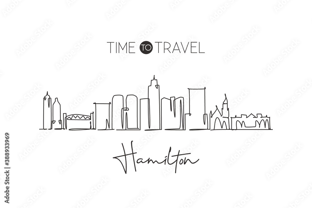 One single line drawing of Hamilton city skyline, Canada. World town landscape home wall decor art poster print. Best place holiday destination. Trendy continuous line draw design vector illustration