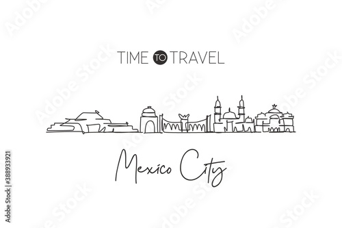 One single line drawing of Mexico city skyline, Mexico. World historical town landscape. Best place holiday destination home decor poster print. Trendy continuous line draw design vector illustration