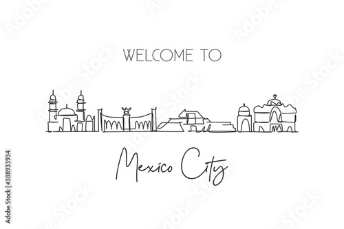 Single continuous line drawing Mexico skyline, Mexico. Famous city scraper landscape. World travel destination postcard print concept. Editable stroke modern one line draw design vector illustration