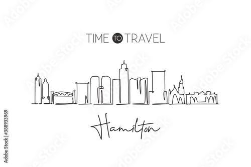 One single line drawing of Hamilton city skyline, Canada. World town landscape home wall decor art poster print. Best place holiday destination. Trendy continuous line draw design vector illustration