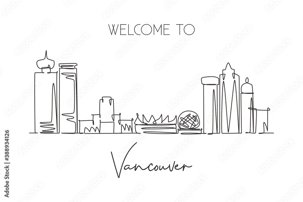 Obraz premium Single continuous line drawing city Vancouver skyline, Canada. Famous city scraper landscape postcard. World travel destination concept. Editable stroke modern one line draw design vector illustration