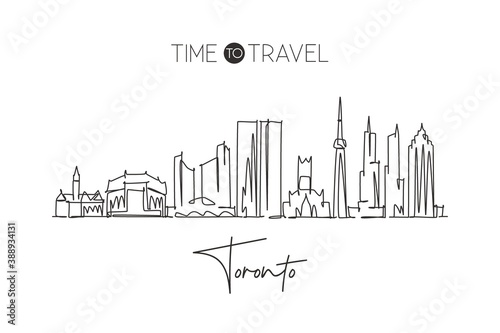 One single line drawing of Toronto city skyline, Canada. World historical town landscape. Best holiday destination home wall decor poster print. Trendy continuous line draw design vector illustration