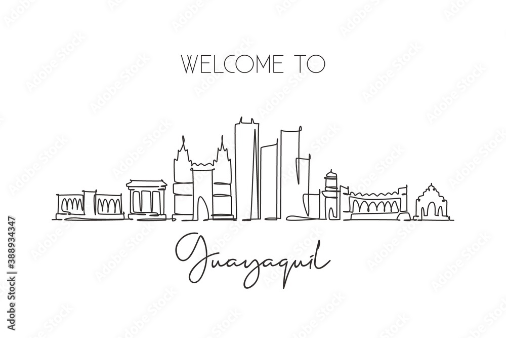 One single line drawing Guayaquil city skyline, Ecuador. World historical town landscape wall decor poster print. Best place holiday destination. Trendy continuous line draw design vector illustration