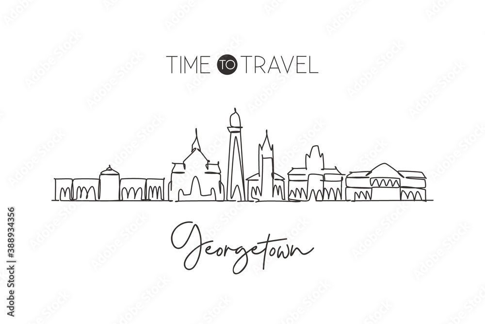 One continuous line drawing of Georgetown city skyline, Guyana. Beautiful landmark home wall decor poster. World landscape tourism travel vacation. Stylish single line draw design vector illustration