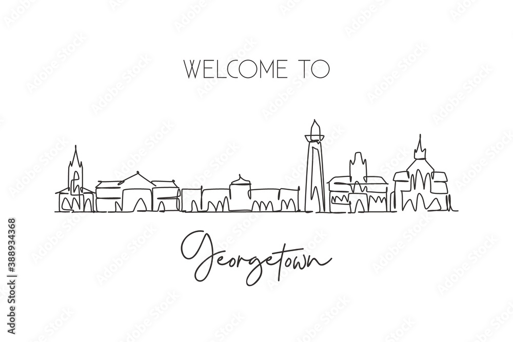Single continuous line drawing of Georgetown skyline, Guyana. Famous city scraper landscape postcard. World travel destination concept. Editable stroke modern one line draw design vector illustration Single continuous line drawing of Georgetown skyline, Guyana. Famous city scraper landscape postcard. World travel destination concept. Editable stroke modern one line draw design vector illustration