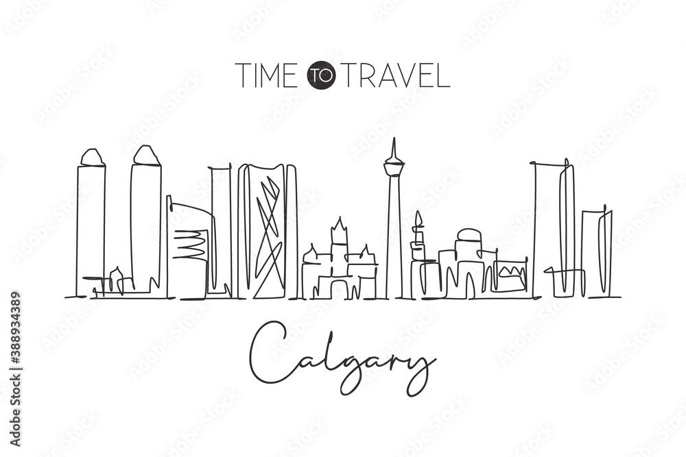 Single continuous line drawing of Calgary city skyline, Canada. Famous city scraper landscape home wall decor poster. World travel destination concept. Modern one line draw design vector illustration