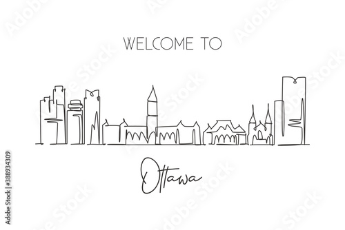 One continuous line drawing Ottawa city skyline, Canada. Beautiful landmark postcard. World landscape tourism and travel vacation. Editable stylish stroke single line draw design vector illustration