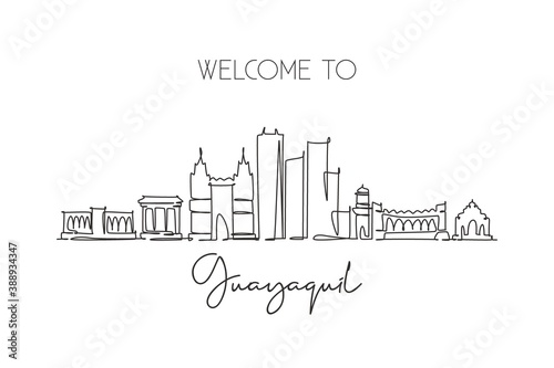 One single line drawing Guayaquil city skyline  Ecuador. World historical town landscape wall decor poster print. Best place holiday destination. Trendy continuous line draw design vector illustration